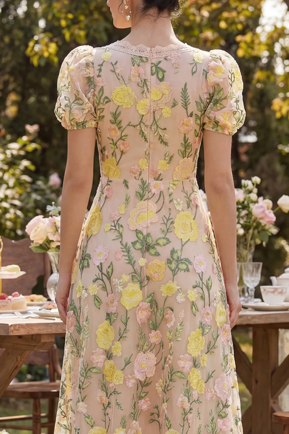 Champagne Tulle A-Line Embroidered V-Neck Floral Midi Dress with Puff Sleeves sold by Zapaka product image thumbnail 4