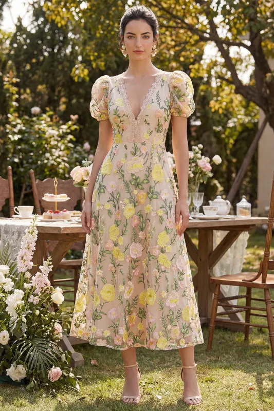 Champagne Tulle A-Line Embroidered V-Neck Floral Midi Dress with Puff Sleeves made by Zapaka