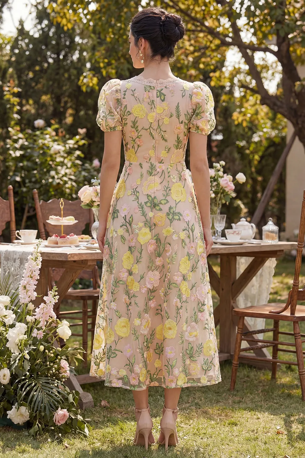 Champagne Tulle A-Line Embroidered V-Neck Floral Midi Dress with Puff Sleeves sold by Zapaka product image thumbnail 2