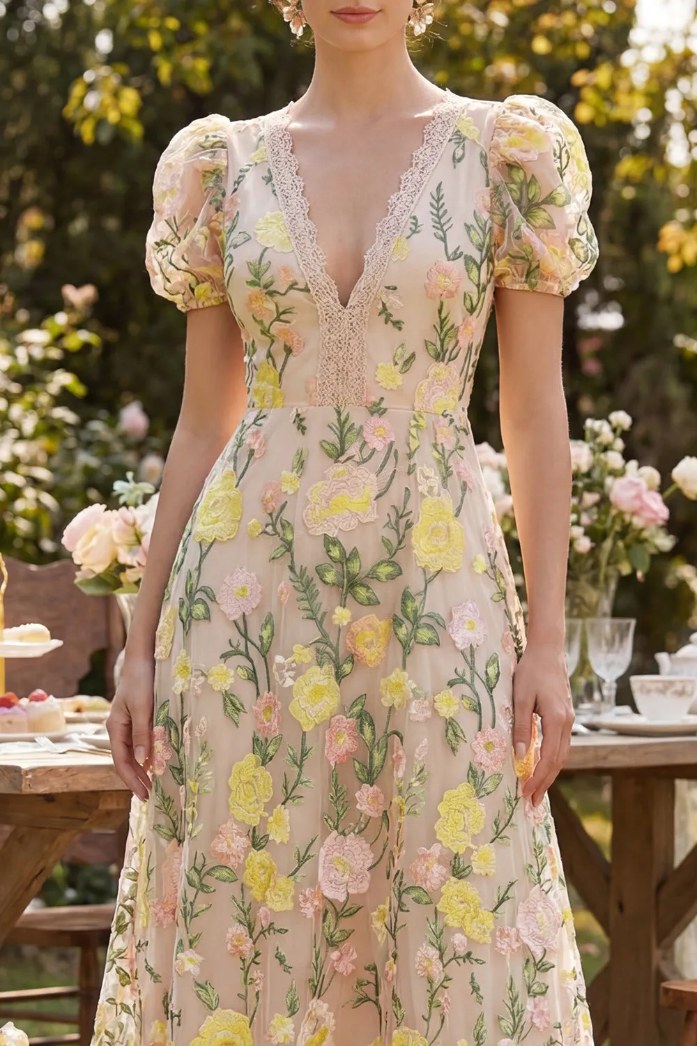 Champagne Tulle A-Line Embroidered V-Neck Floral Midi Dress with Puff Sleeves sold by Zapaka product image thumbnail 3