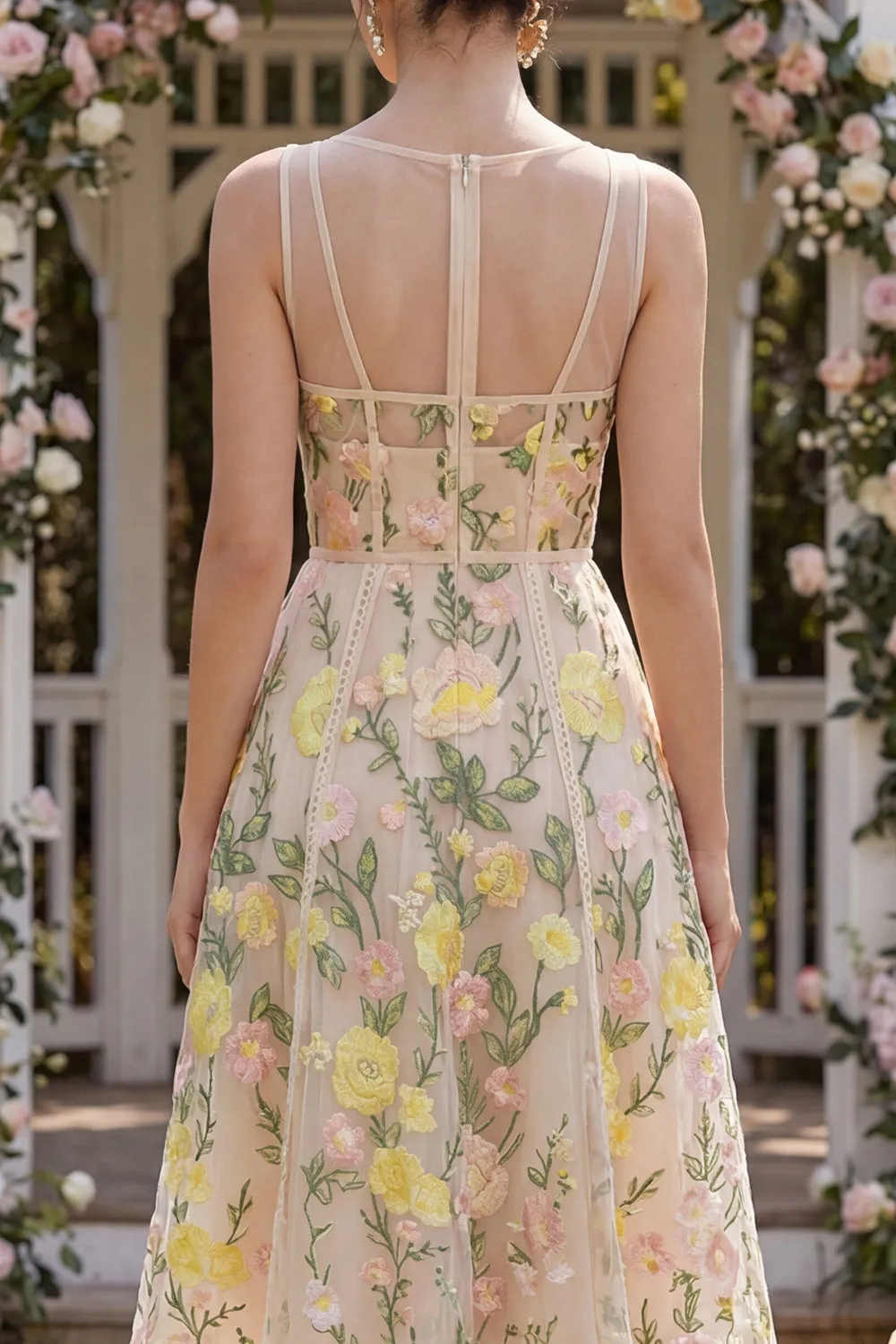 Tulle A-Line Champagne Embroidered V-Neck Corset Midi Floral Dress sold by Zapaka product image thumbnail 4
