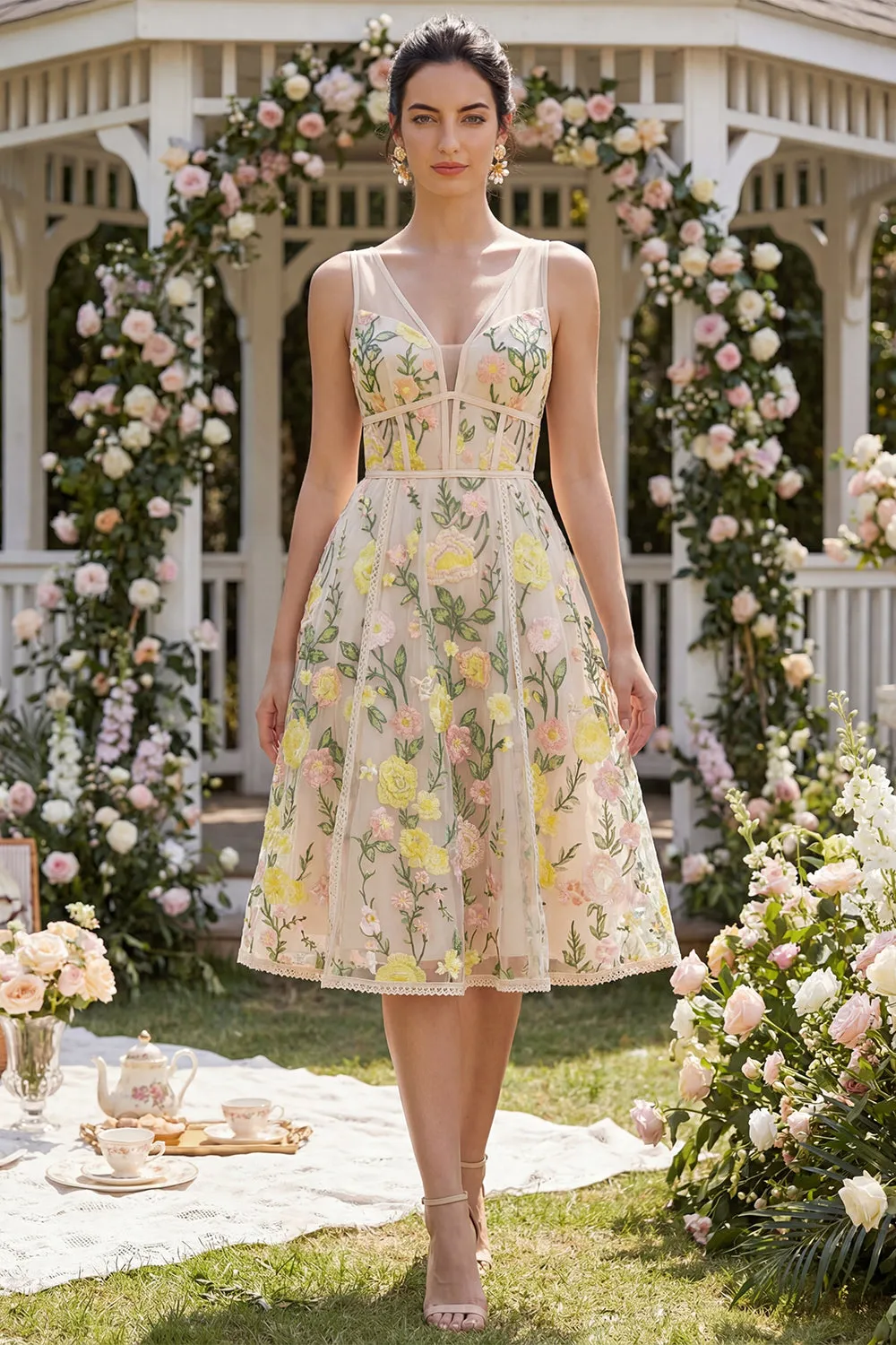 Tulle A-Line Champagne Embroidered V-Neck Corset Midi Floral Dress sold by Zapaka