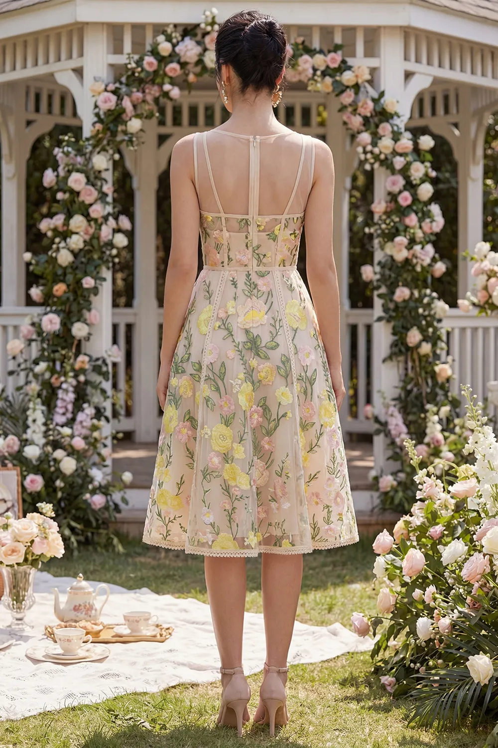 Tulle A-Line Champagne Embroidered V-Neck Corset Midi Floral Dress sold by Zapaka product image thumbnail 2