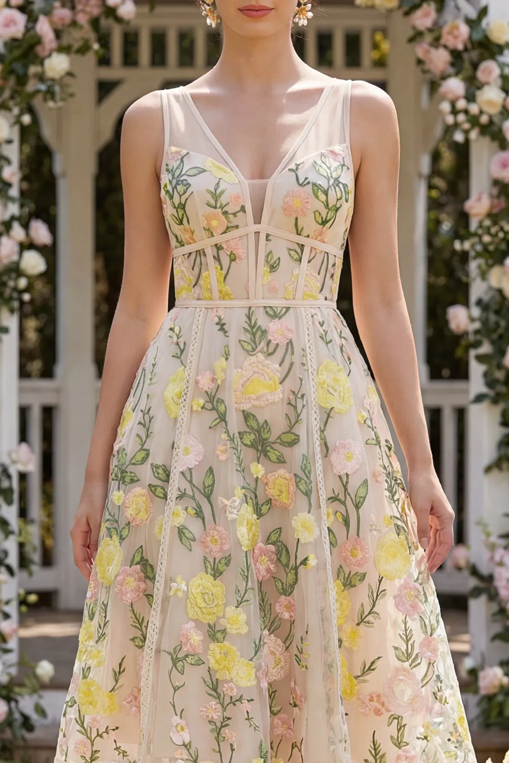 Tulle A-Line Champagne Embroidered V-Neck Corset Midi Floral Dress sold by Zapaka product image thumbnail 3