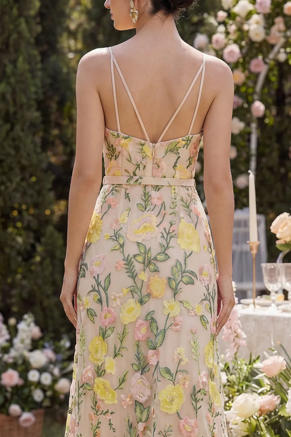 Mermaid Tulle Champagne Embroidered Long Floral Dress with Slit sold by Zapaka product image thumbnail 4