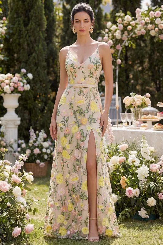 Mermaid Tulle Champagne Embroidered Long Floral Dress with Slit made by Zapaka