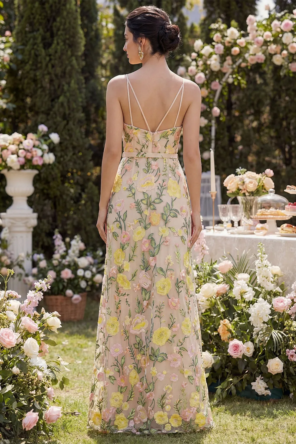 Mermaid Tulle Champagne Embroidered Long Floral Dress with Slit sold by Zapaka product image thumbnail 2