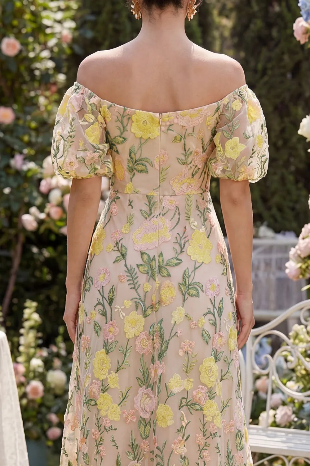 Tulle Off the Shoulder Champagne A-Line Embroidered Floral Midi Dress with Puff Sleeves sold by Zapaka product image thumbnail 4