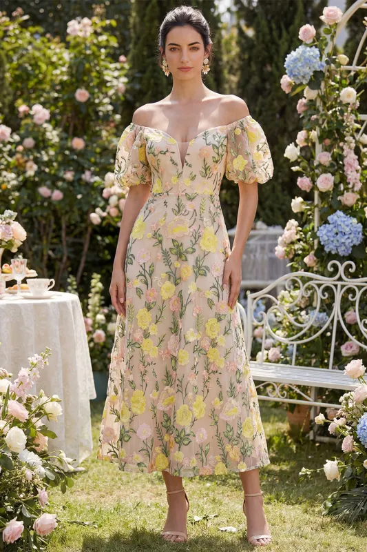 Tulle Off the Shoulder Champagne A-Line Embroidered Floral Midi Dress with Puff Sleeves made by Zapaka