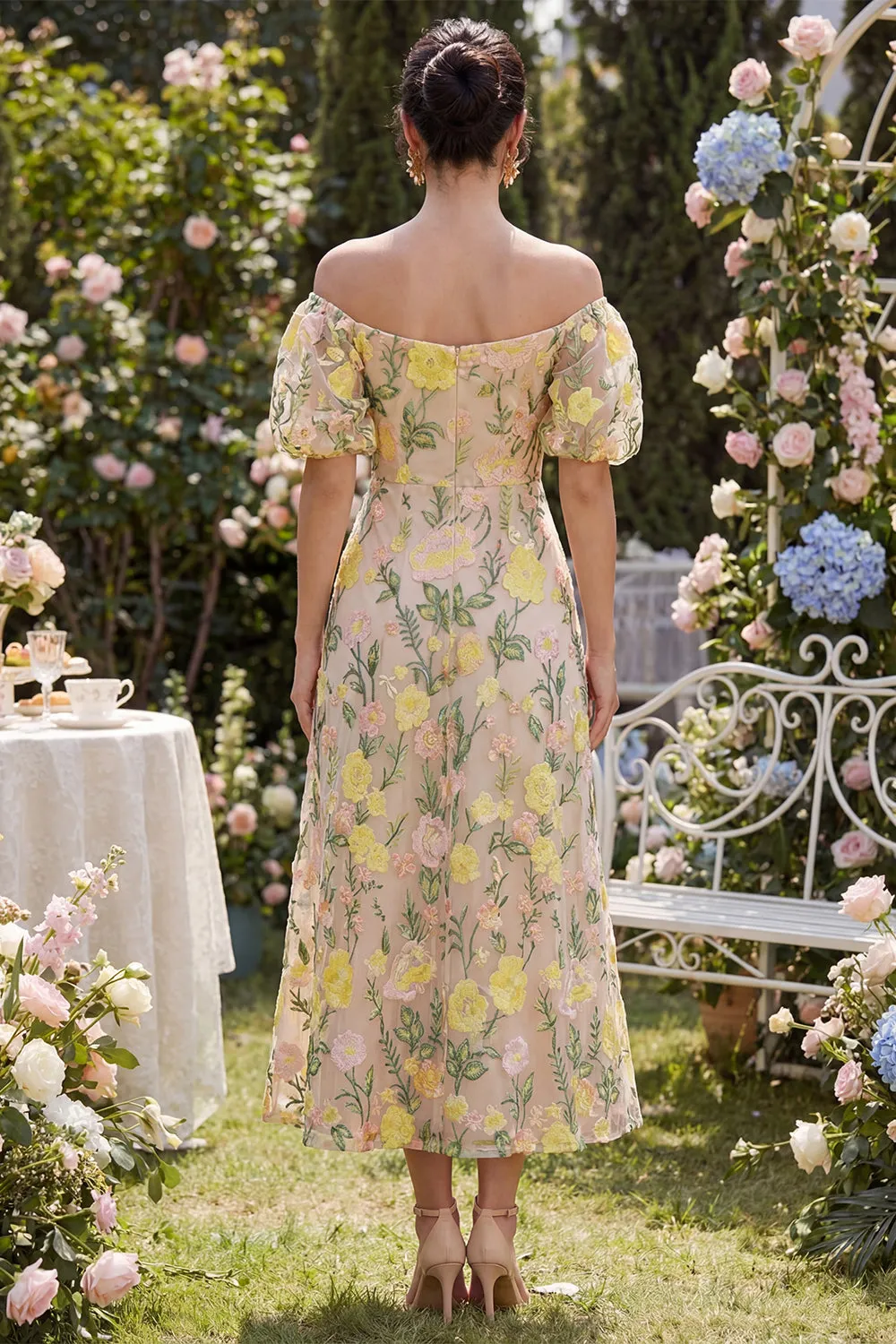 Tulle Off the Shoulder Champagne A-Line Embroidered Floral Midi Dress with Puff Sleeves sold by Zapaka product image thumbnail 2