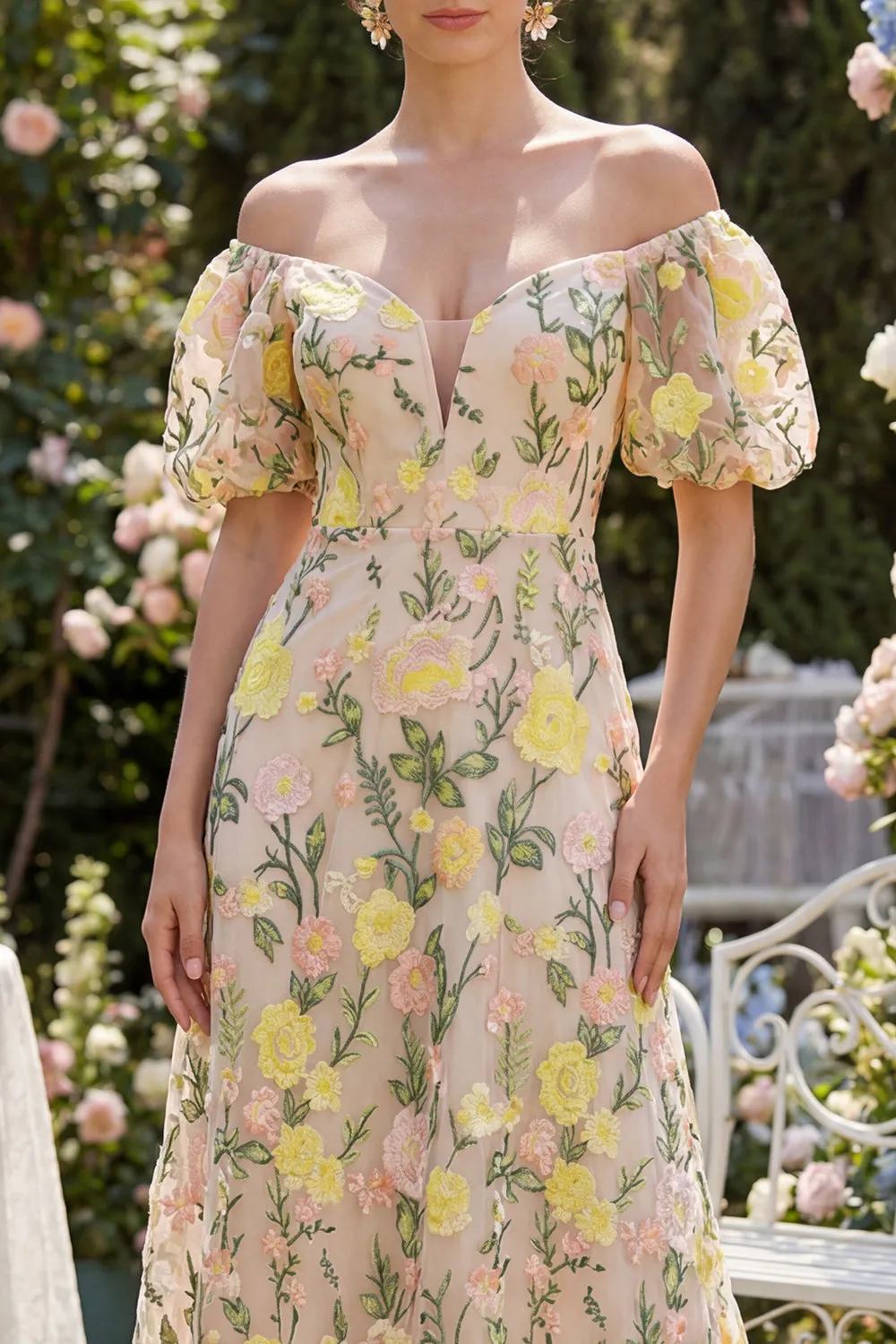 Tulle Off the Shoulder Champagne A-Line Embroidered Floral Midi Dress with Puff Sleeves sold by Zapaka product image thumbnail 3