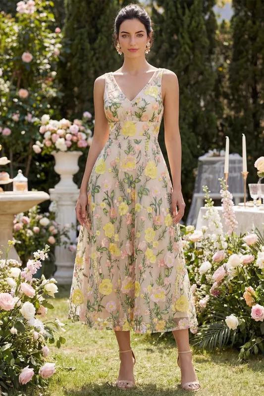 Tulle Champagne A-Line Embroidered V-Neck Midi Floral Dress made by Zapaka