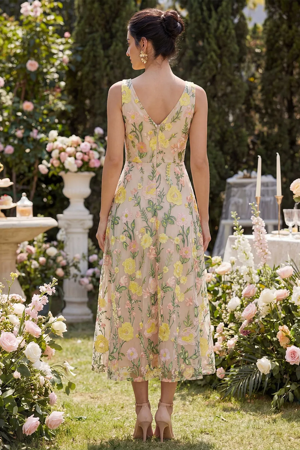 Tulle Champagne A-Line Embroidered V-Neck Midi Floral Dress sold by Zapaka product image thumbnail 2