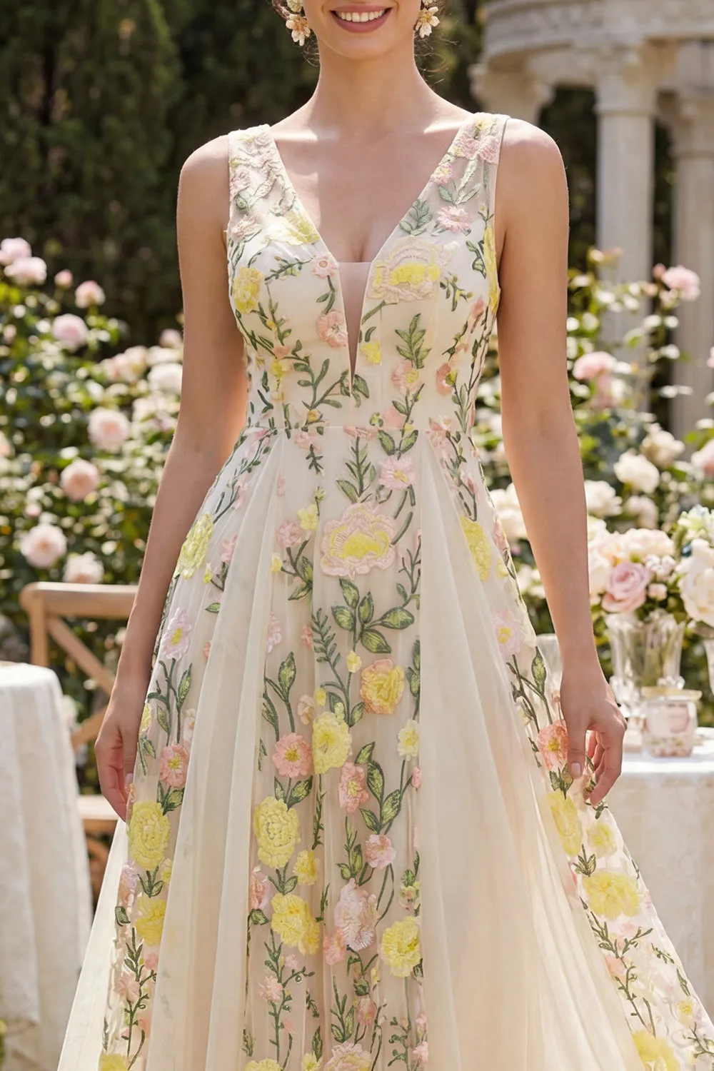 A-Line Tulle Champagne V-Neck Embroidered Floral Midi Dress sold by Zapaka product image thumbnail 3