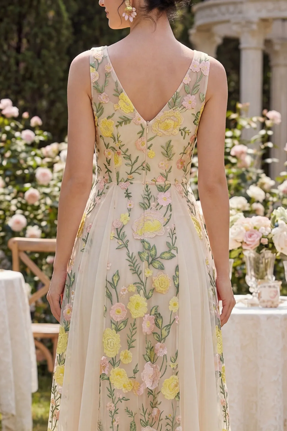 A-Line Tulle Champagne V-Neck Embroidered Floral Midi Dress sold by Zapaka product image thumbnail 4