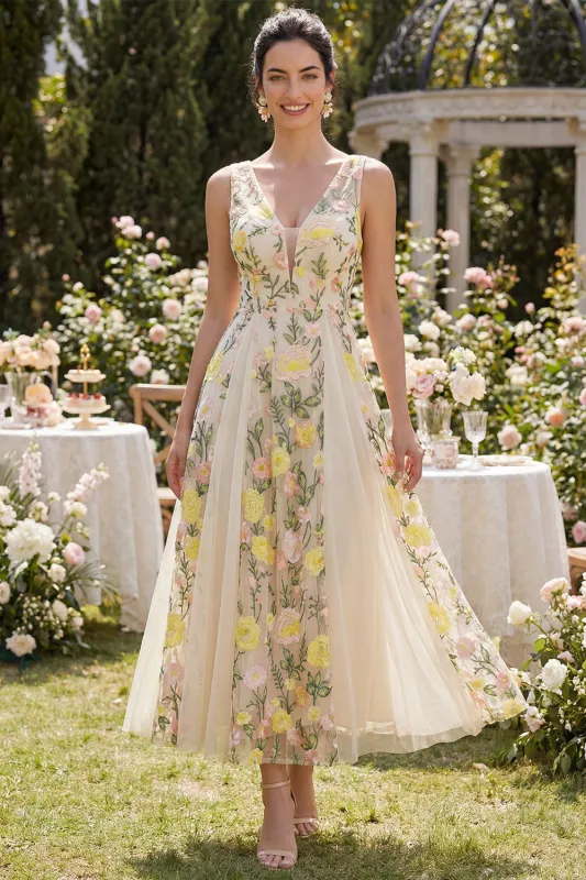 A-Line Tulle Champagne V-Neck Embroidered Floral Midi Dress made by Zapaka