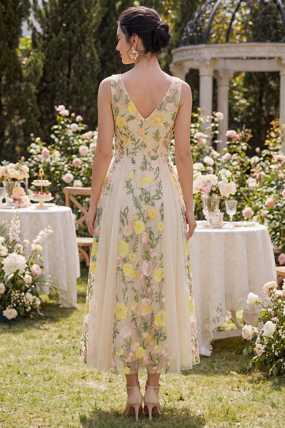 A-Line Tulle Champagne V-Neck Embroidered Floral Midi Dress sold by Zapaka product image thumbnail 2
