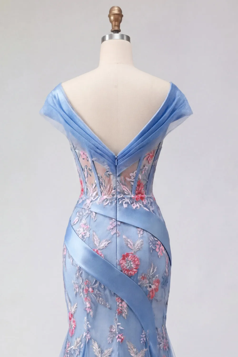 Blue V Neck Mermaid Appliqued Corset Long Prom Dress sold by Zapaka product image thumbnail 5