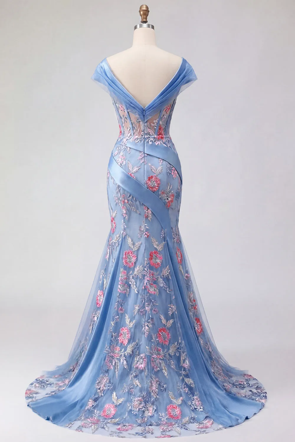 Blue V Neck Mermaid Appliqued Corset Long Prom Dress sold by Zapaka product image thumbnail 2