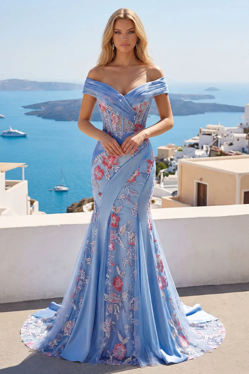 Blue V Neck Mermaid Appliqued Corset Long Prom Dress sold by Zapaka product image thumbnail 3
