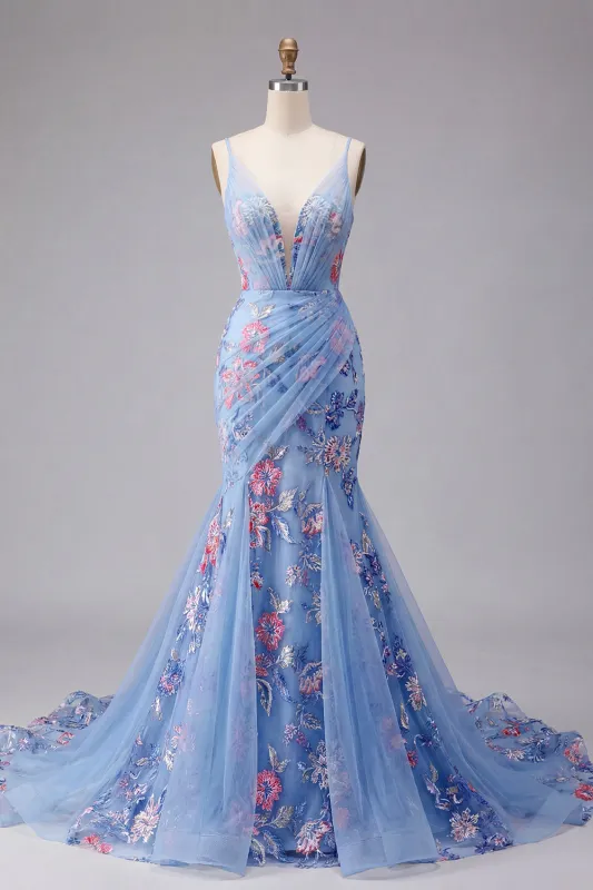 Blue Mermaid Floral Spaghetti Straps V Neck Long Prom Dress made by Zapaka