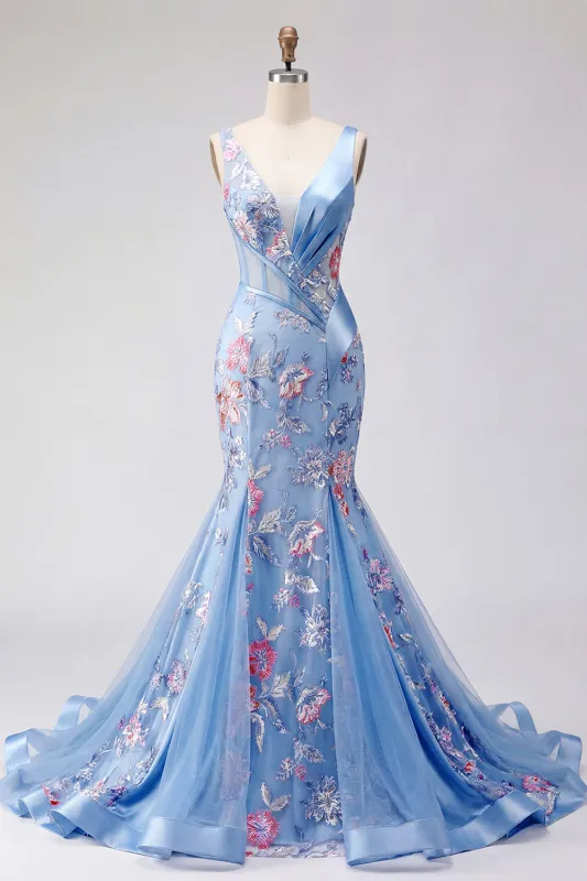 Mermaid Blue Floral V Neck Corset Long Prom Dress made by Zapaka