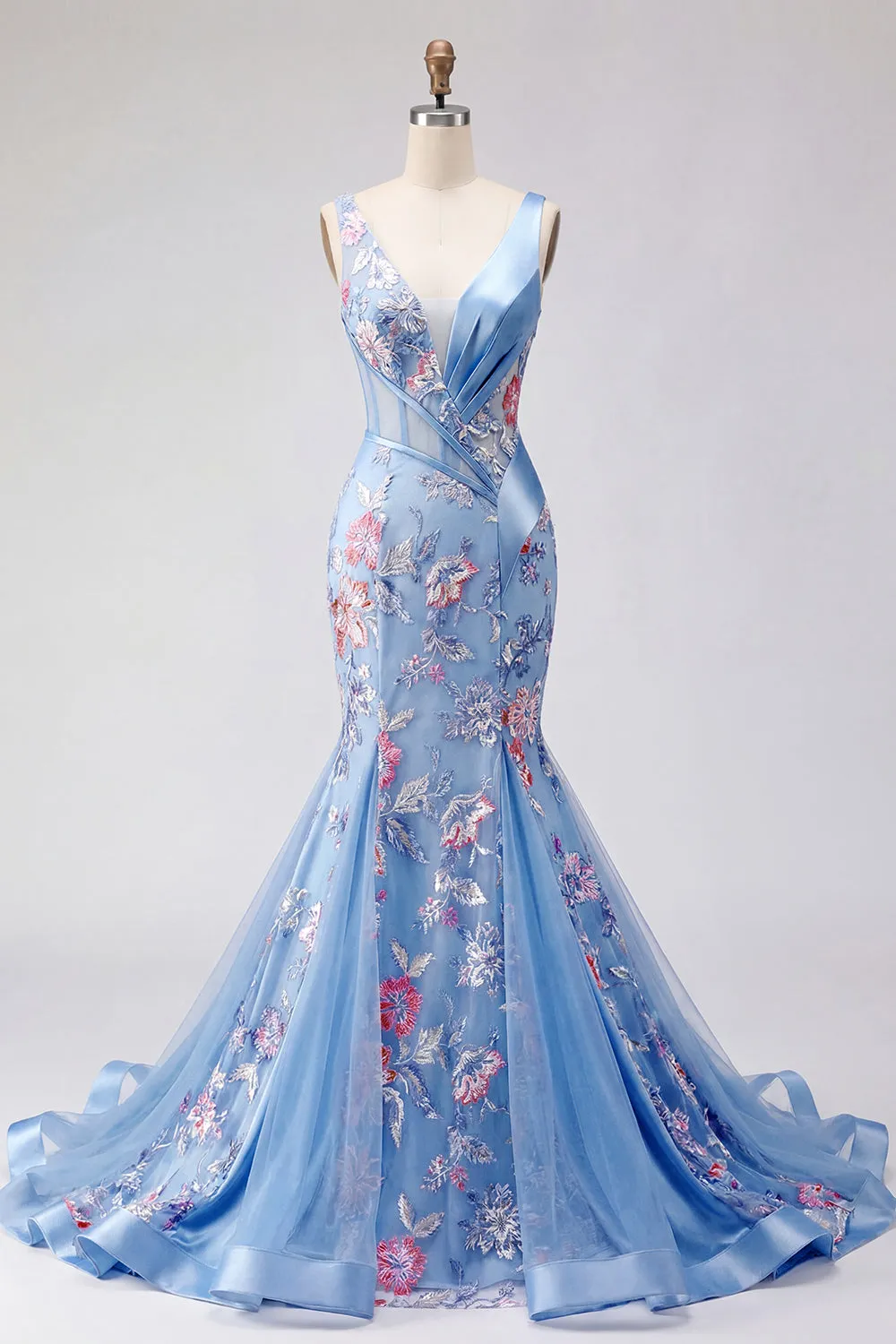 Mermaid Blue Floral V Neck Corset Long Prom Dress sold by Zapaka