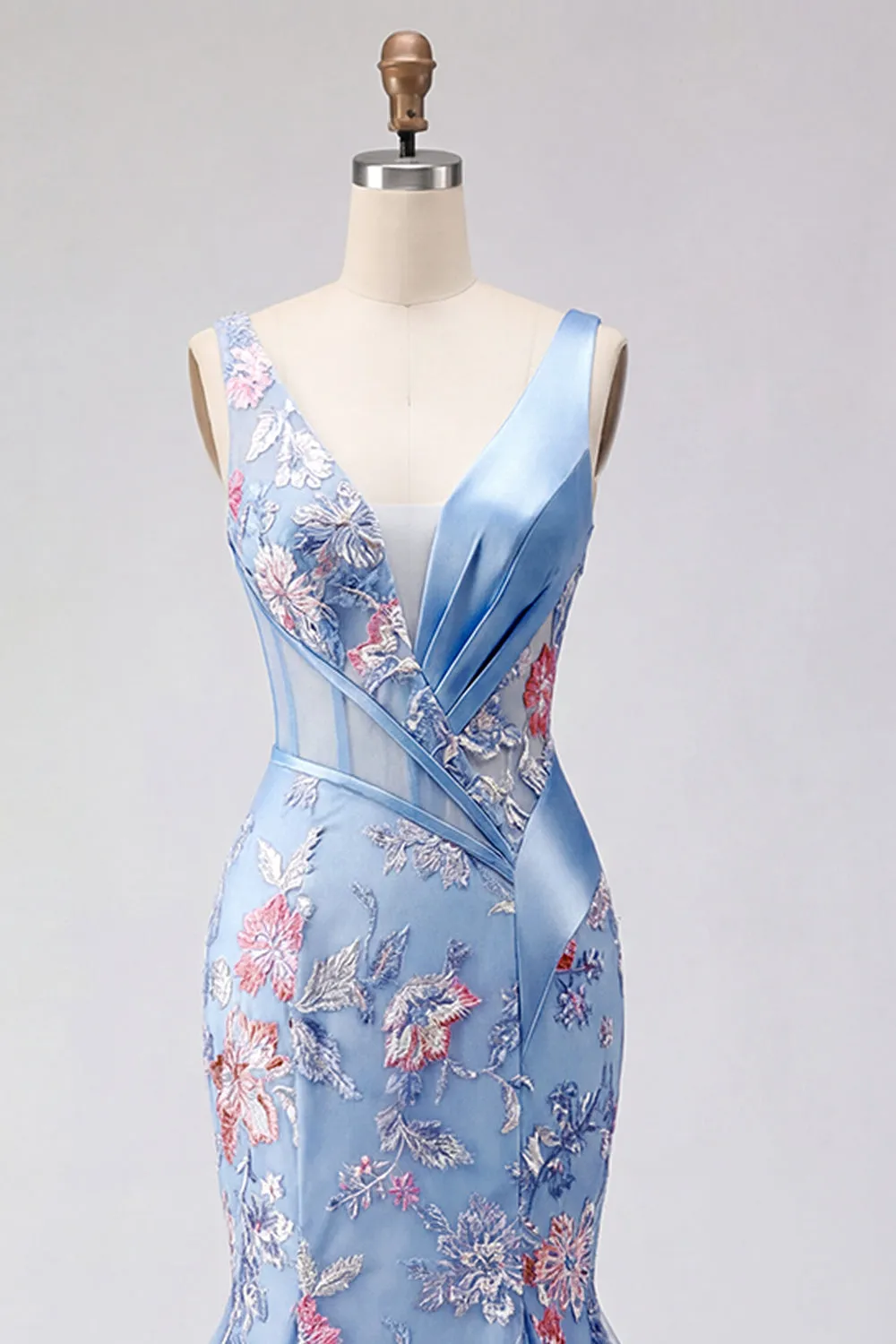 Mermaid Blue Floral V Neck Corset Long Prom Dress sold by Zapaka product image thumbnail 5