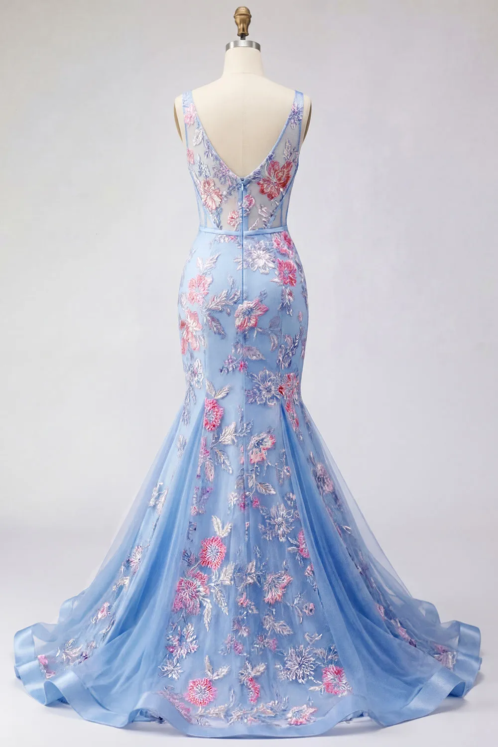 Mermaid Blue Floral V Neck Corset Long Prom Dress sold by Zapaka product image thumbnail 2