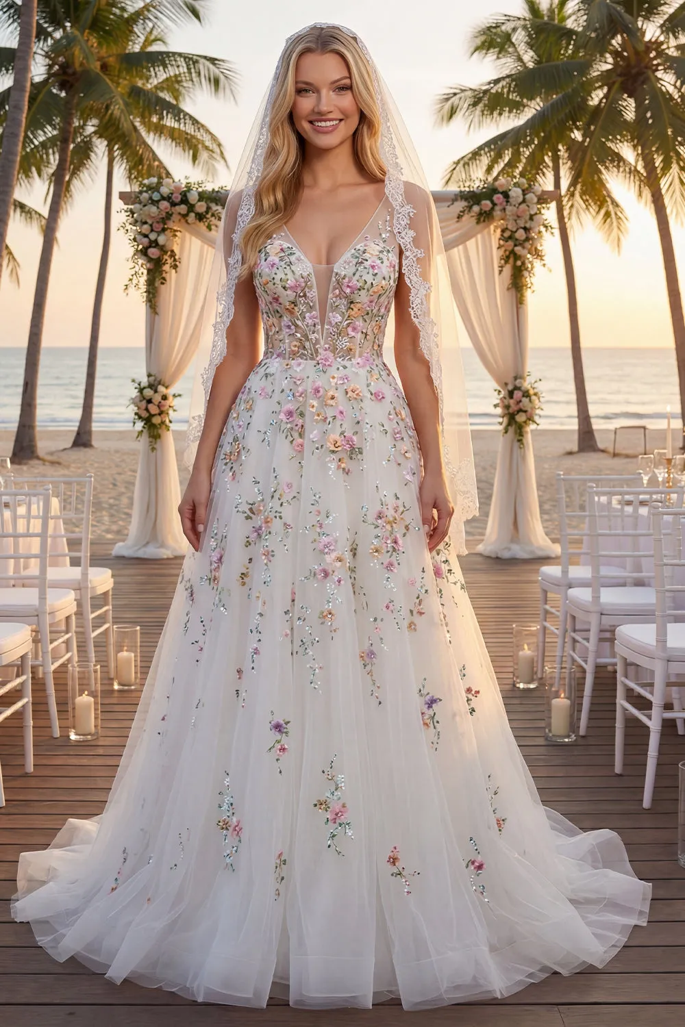 White A Line Sequin Long Wedding Dress with 3D Flowers sold by Zapaka product image thumbnail 5