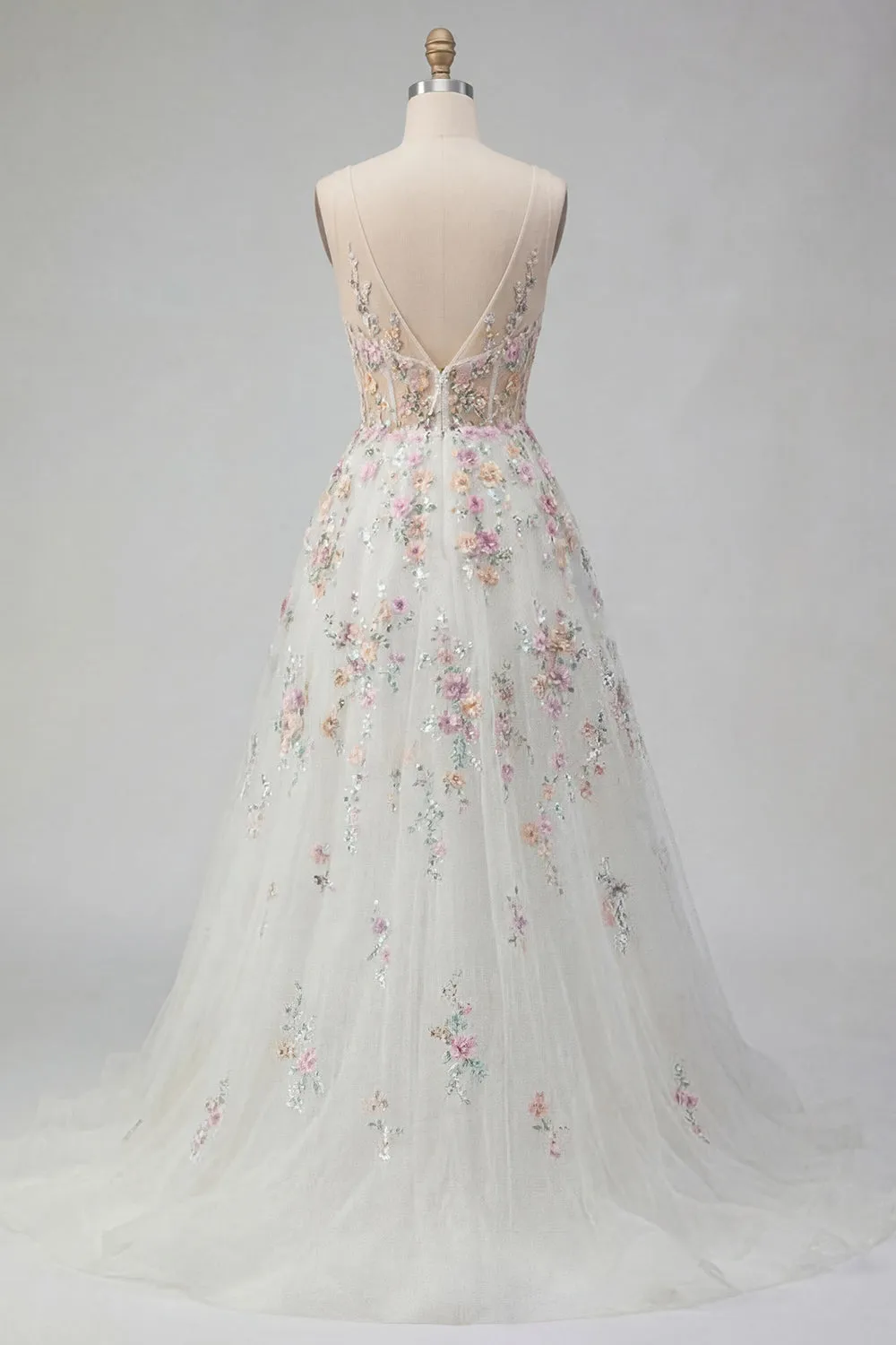 White A Line Sequin Long Wedding Dress with 3D Flowers sold by Zapaka product image thumbnail 2