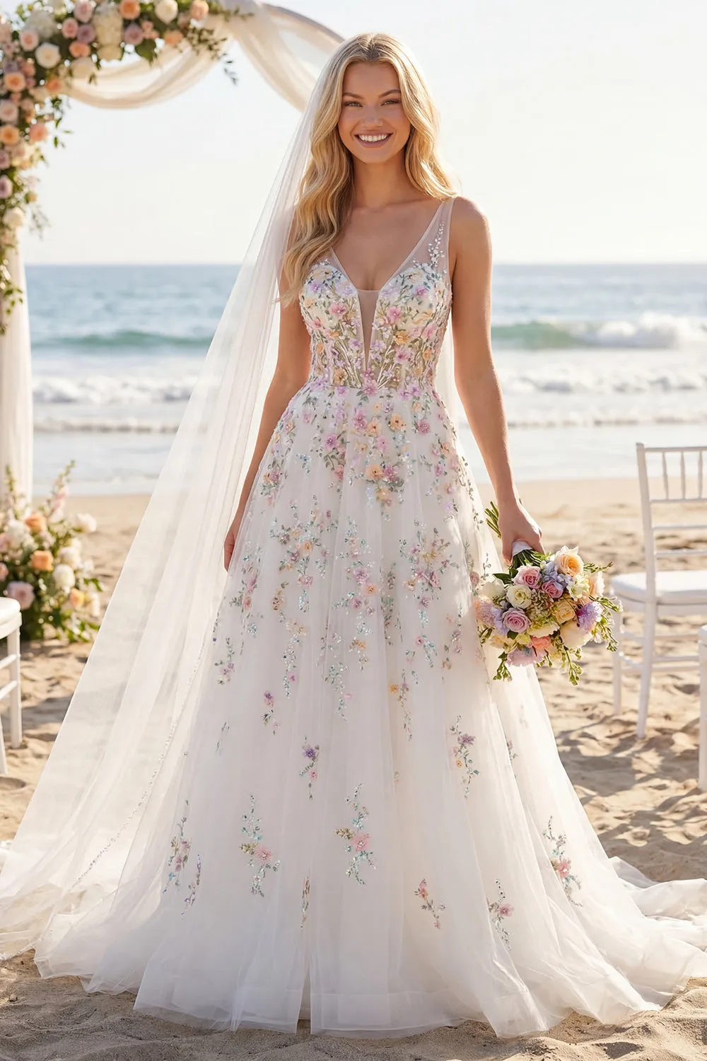 White A Line Sequin Long Wedding Dress with 3D Flowers sold by Zapaka product image thumbnail 3