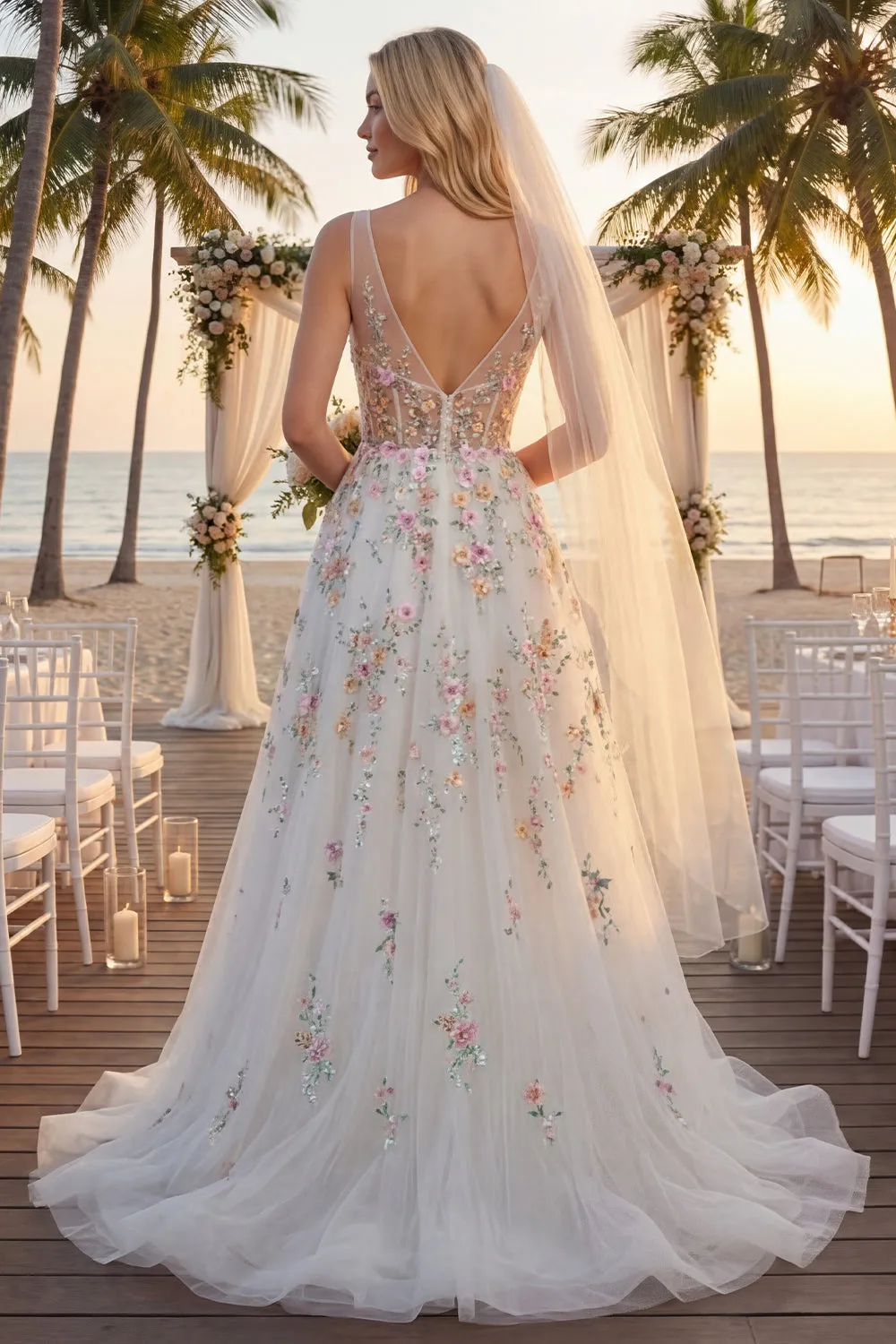 White A Line Sequin Long Wedding Dress with 3D Flowers sold by Zapaka product image thumbnail 4