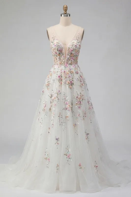 White A Line Sequin Long Wedding Dress with 3D Flowers made by Zapaka