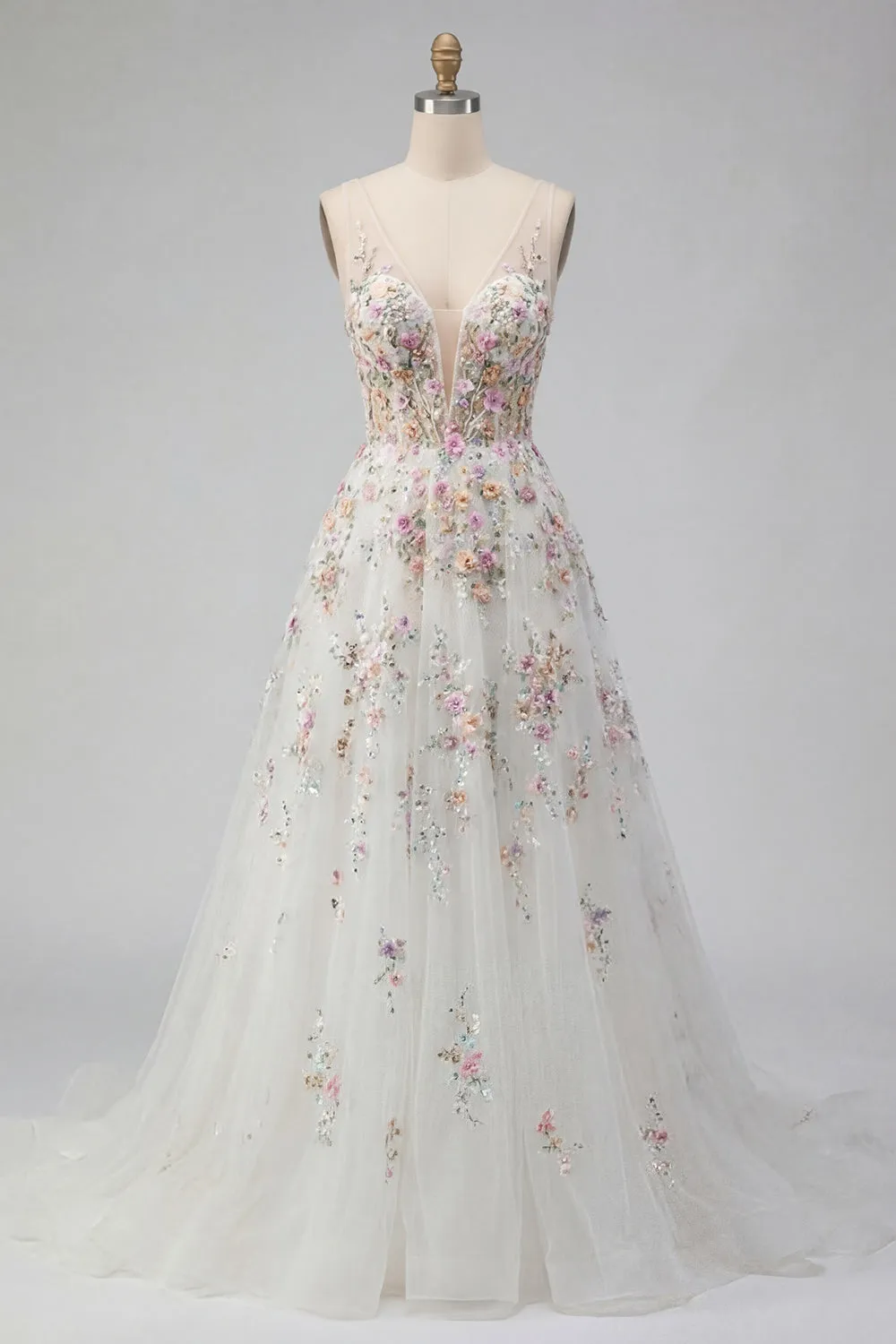 White A Line Sequin Long Wedding Dress with 3D Flowers sold by Zapaka