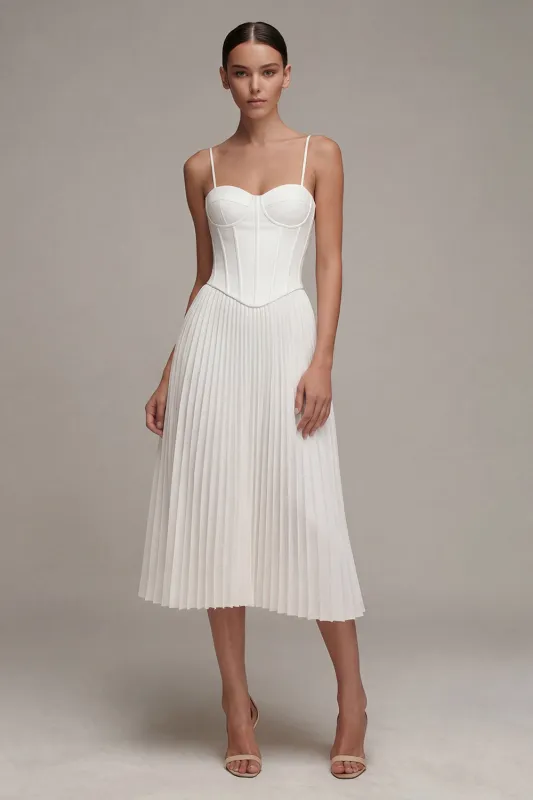 White Spaghetti Straps Pleated A Line Corset Midi Dress made by Zapaka