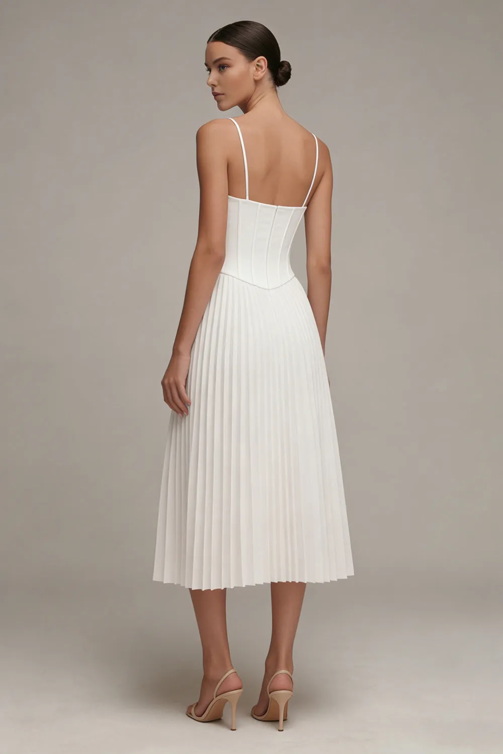 White Spaghetti Straps Pleated A Line Corset Midi Dress sold by Zapaka product image thumbnail 2