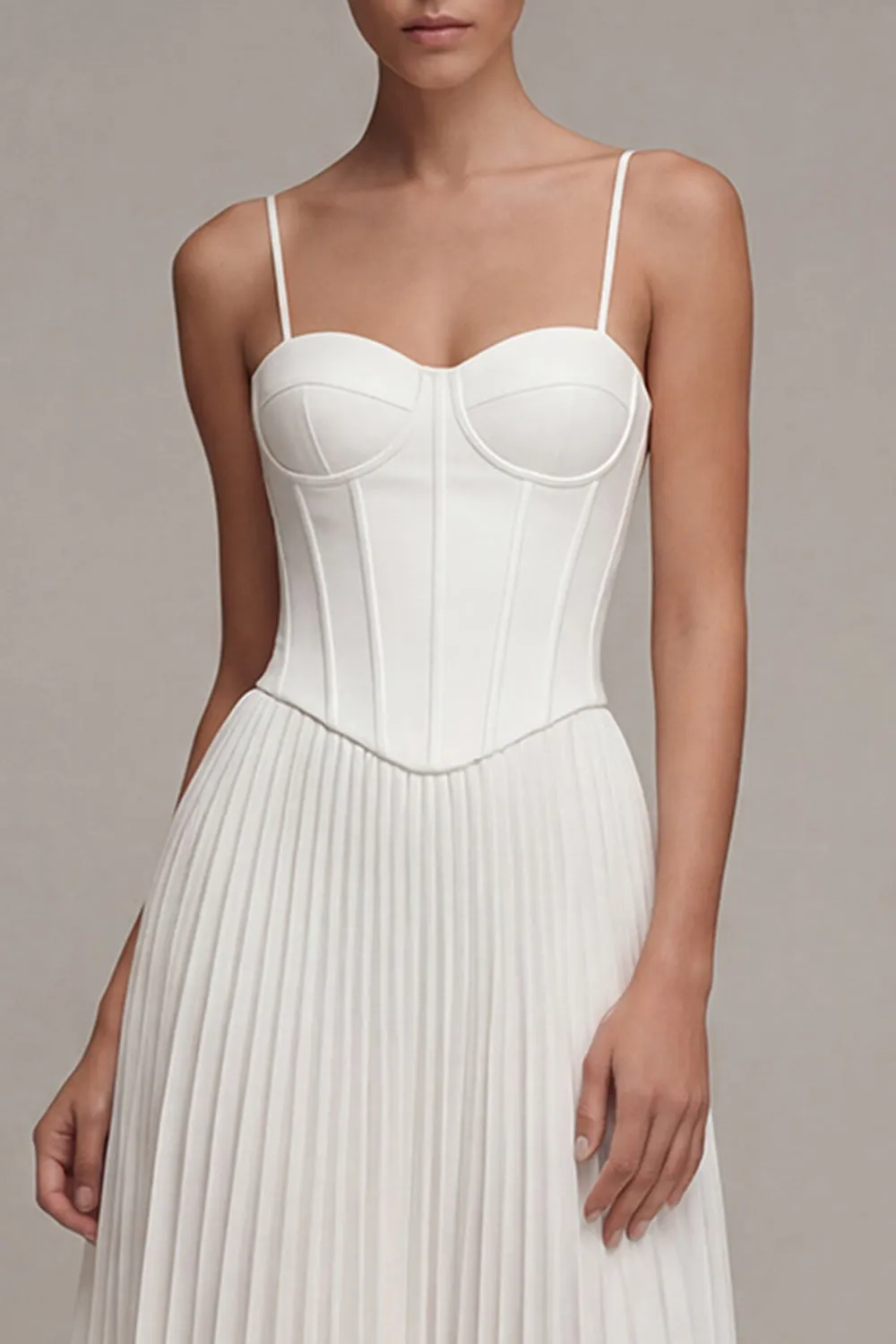 White Spaghetti Straps Pleated A Line Corset Midi Dress sold by Zapaka product image thumbnail 3