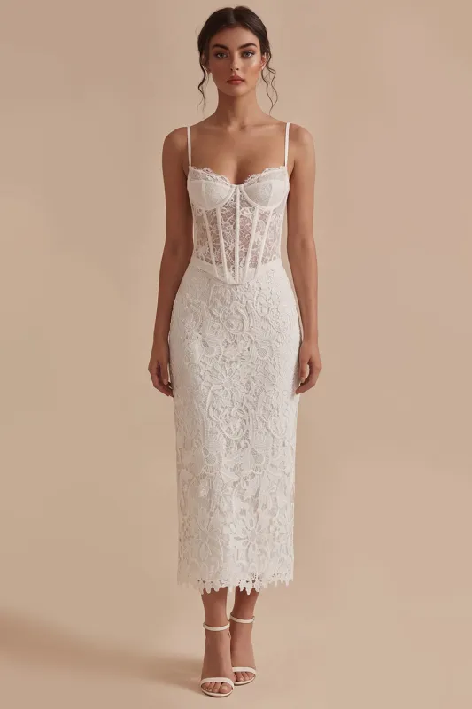 White Lace Spaghetti Straps Bodycon Midi Corset Graduation Dress made by Zapaka
