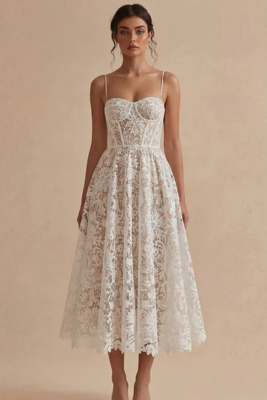 White Lace Spaghetti Dress A Line Ankle Length Corset Graduation Dress made by Zapaka