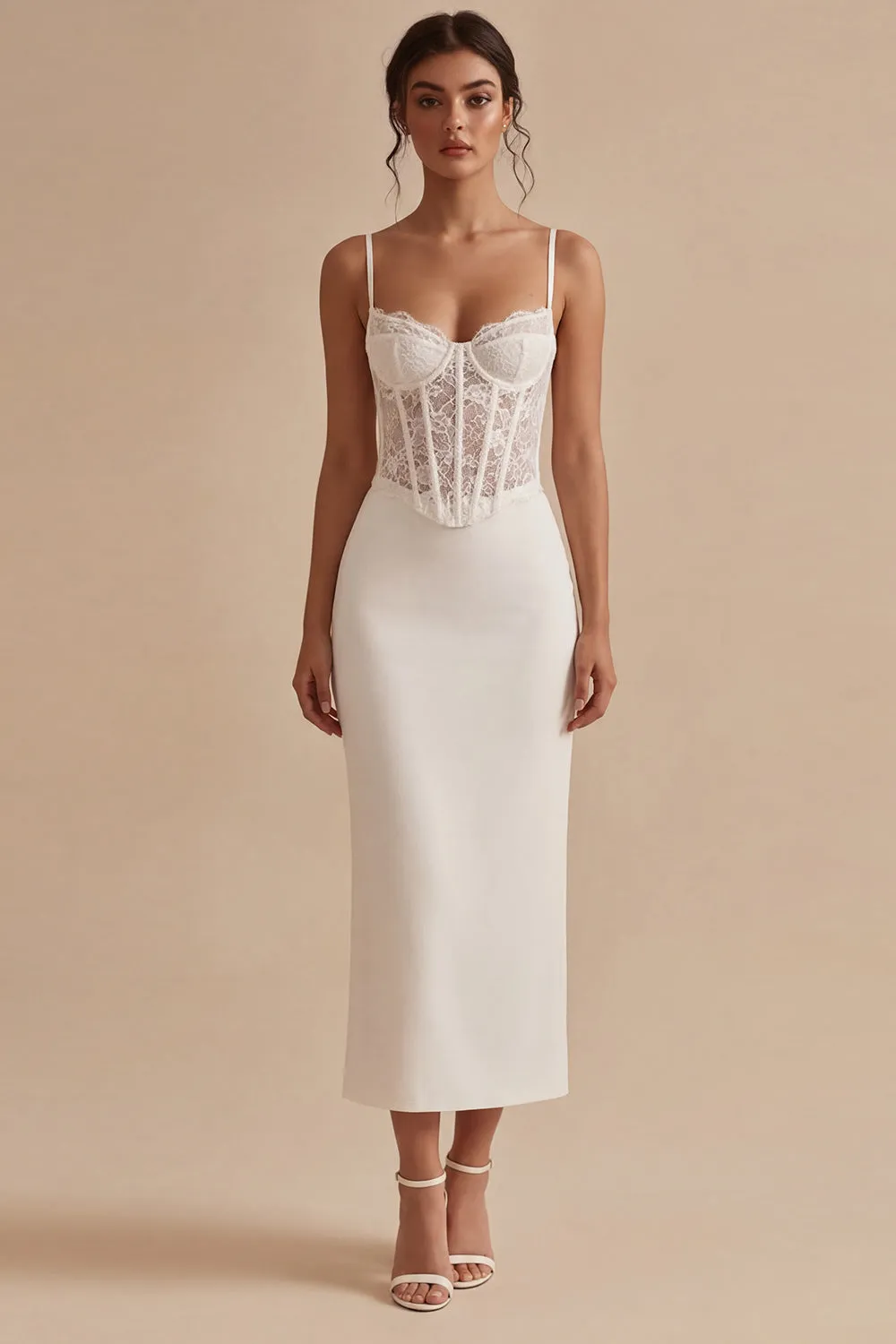 White Spaghetti Straps Ankle Length Corset Midi Dress with Lace sold by Zapaka