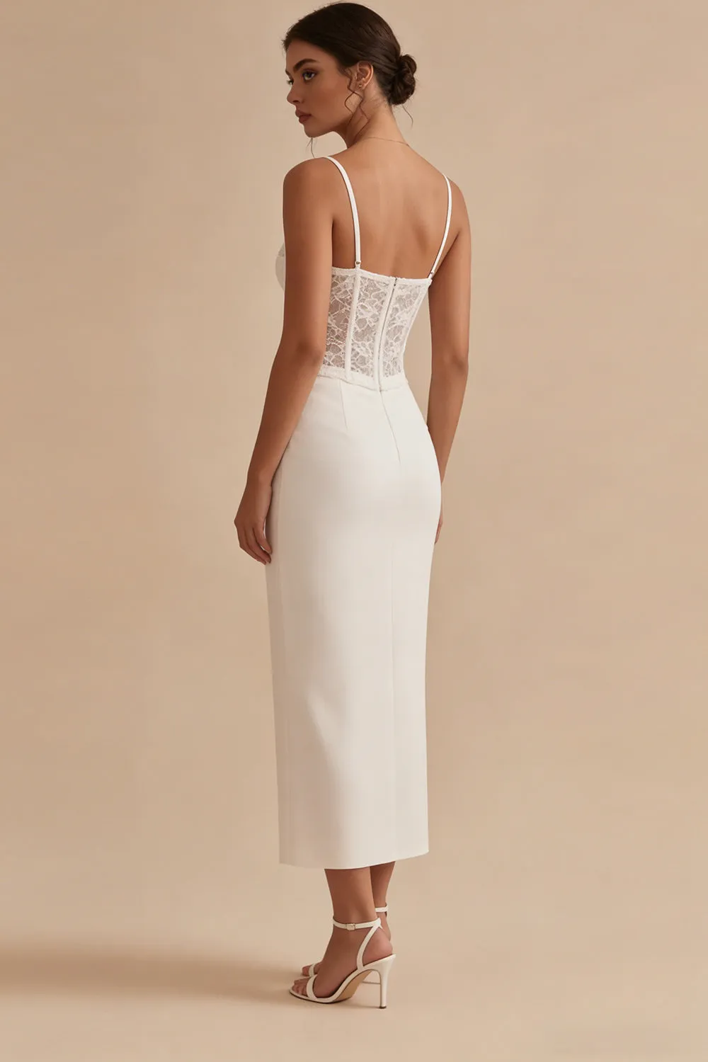 White Spaghetti Straps Ankle Length Corset Midi Dress with Lace sold by Zapaka product image thumbnail 2