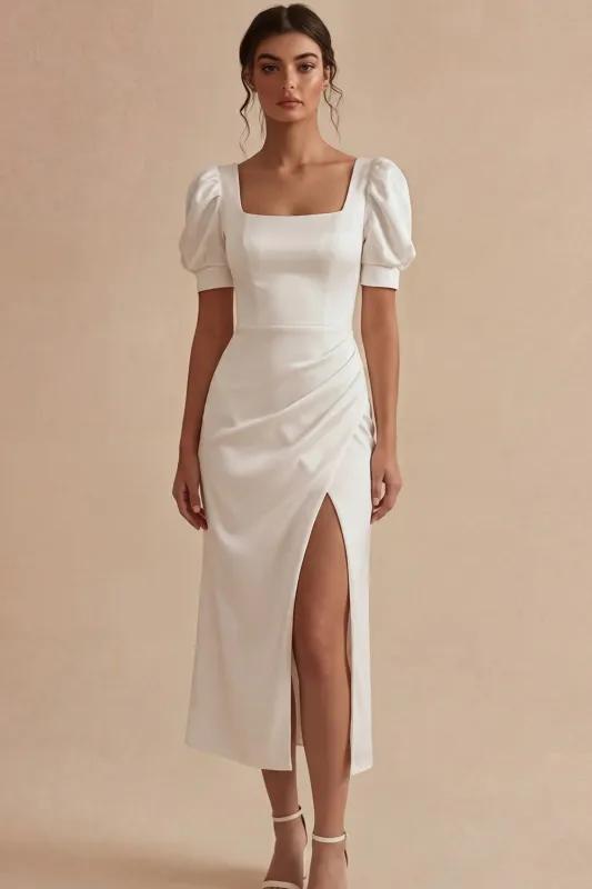 Satin Square Neck Sheath Midi White Dress with Slit made by Zapaka
