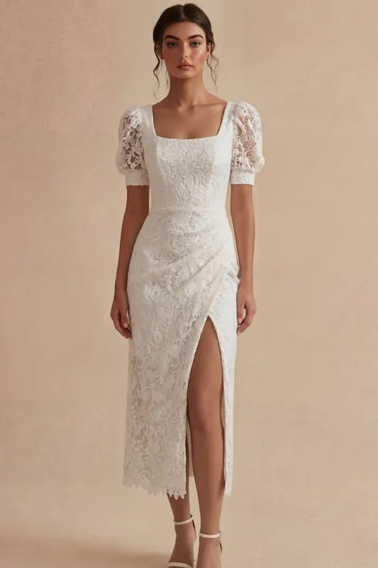 White Lace Square Neck Puff Sleeves Ankle Length Dress with Slit made by Zapaka