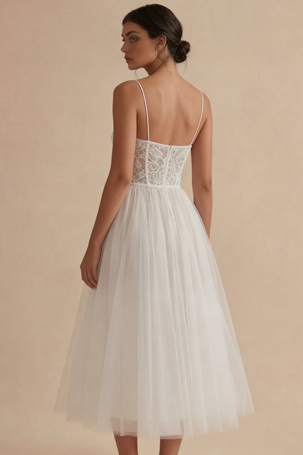 White Tulle Spaghetti Straps A Line Corset Midi Dress sold by Zapaka product image thumbnail 2