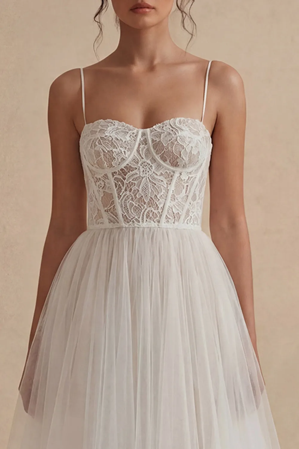 White Tulle Spaghetti Straps A Line Corset Midi Dress sold by Zapaka product image thumbnail 3