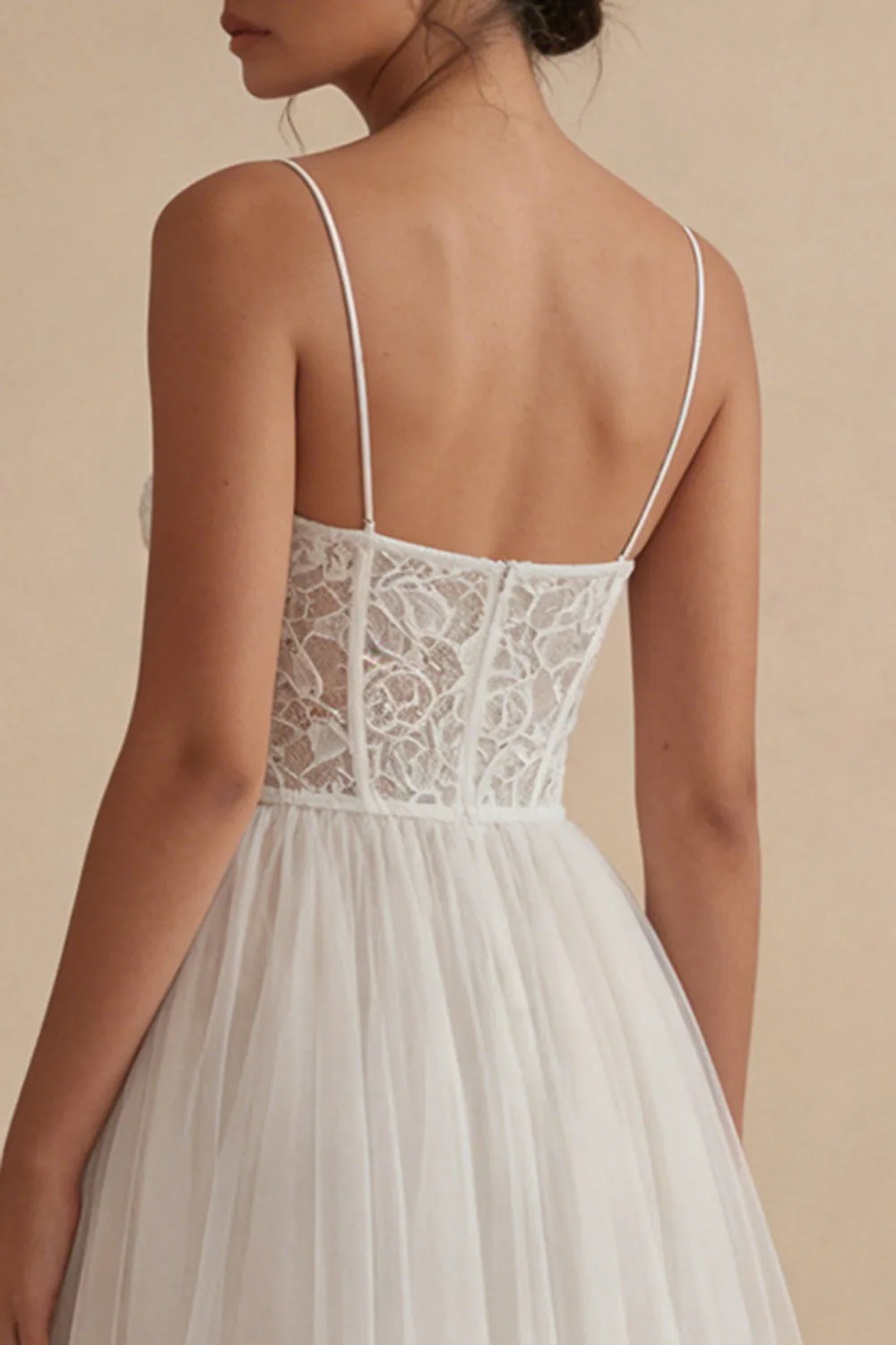 White Tulle Spaghetti Straps A Line Corset Midi Dress sold by Zapaka product image thumbnail 4