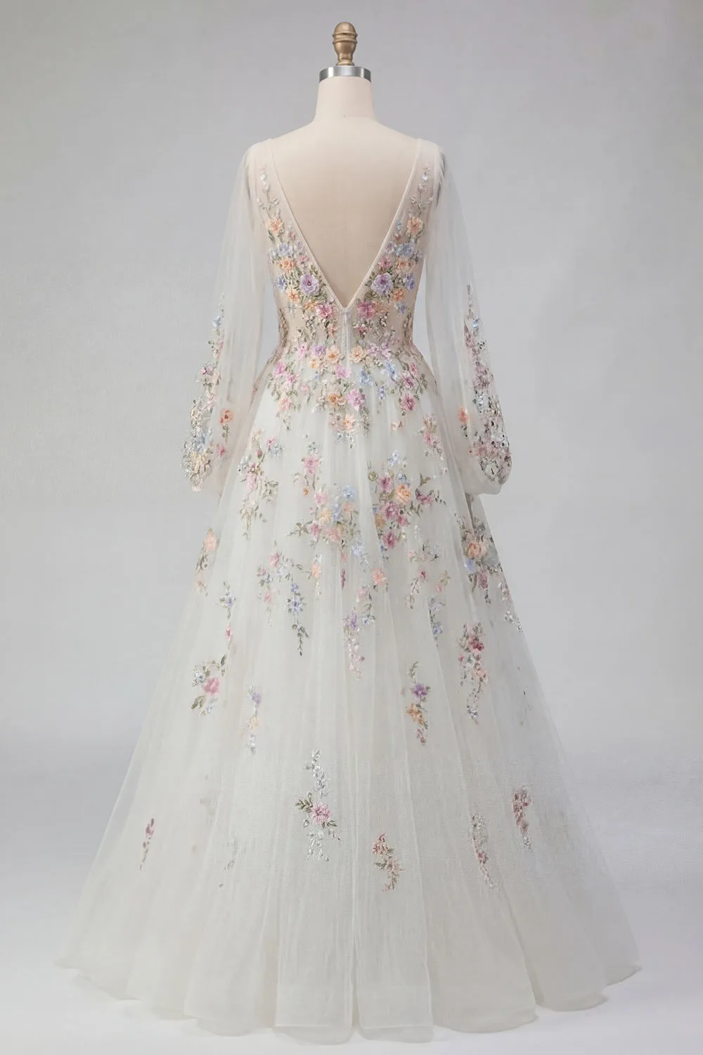 White Floral Ruched V-Neck A Line Long Sleeves Wedding Dress sold by Zapaka product image thumbnail 2