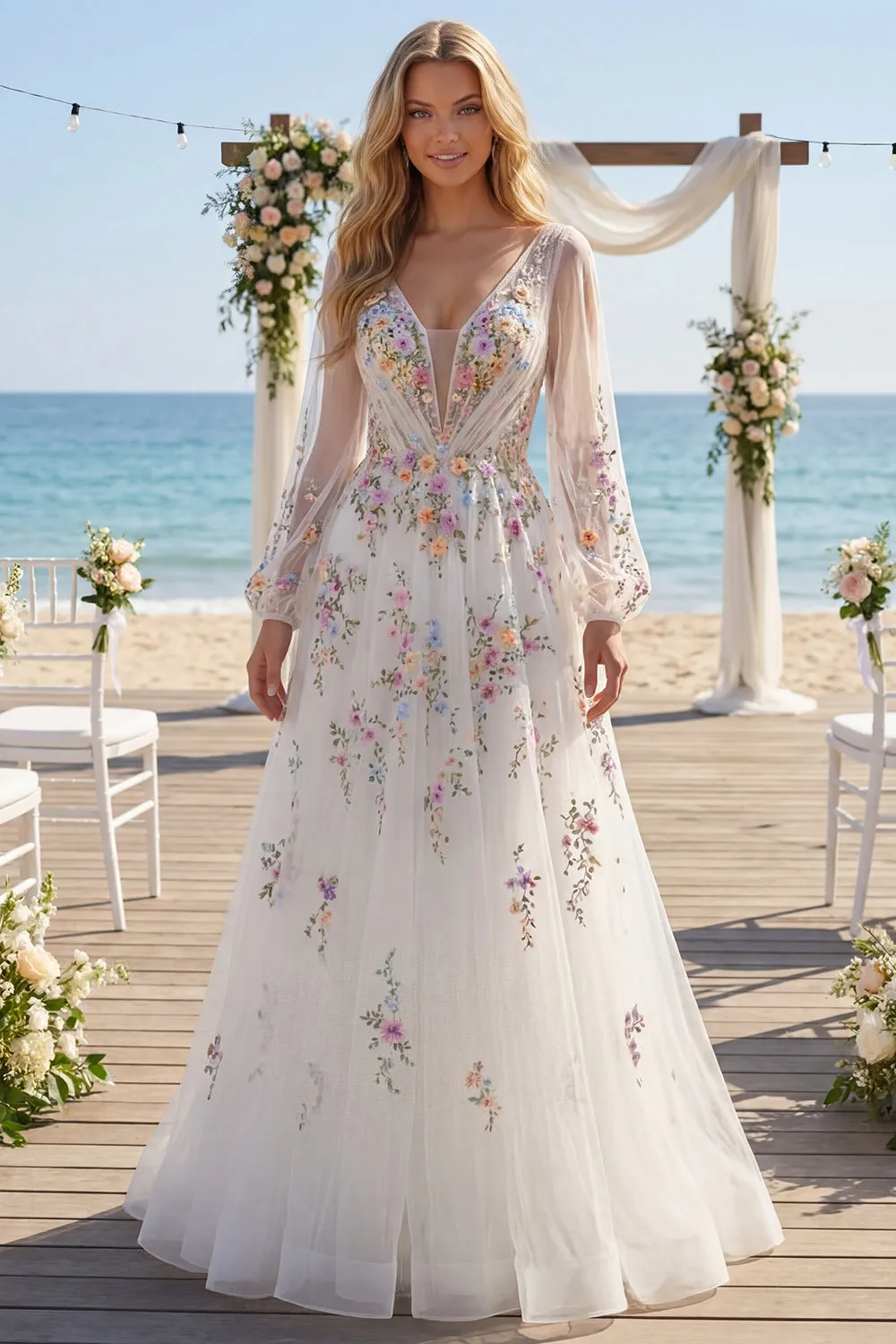 White Floral Ruched V-Neck A Line Long Sleeves Wedding Dress sold by Zapaka product image thumbnail 3