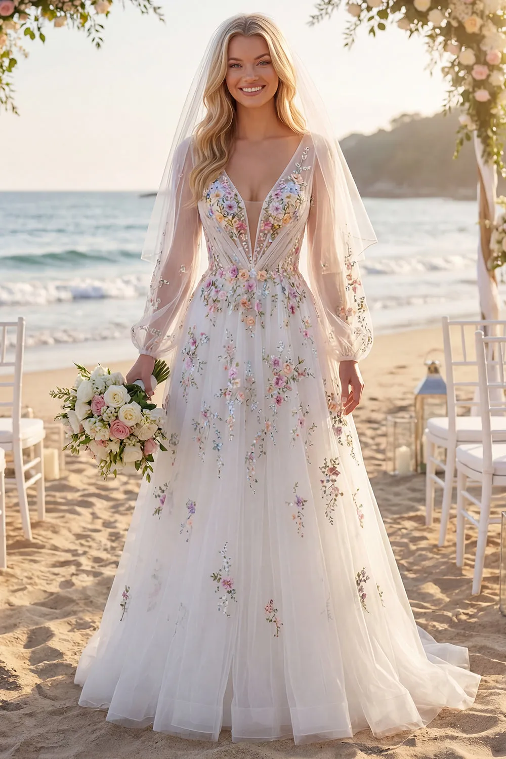 White Floral Ruched V-Neck A Line Long Sleeves Wedding Dress sold by Zapaka product image thumbnail 5